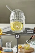 2'li Kübbe Kapaklı Pipetli Bardak Isıya Dayanıklı EggGlass İskandinav Kahve Sunum Bardağı 430ml Set - 2