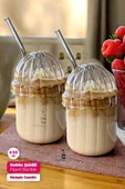2'li Kübbe Kapaklı Pipetli Bardak Isıya Dayanıklı EggGlass İskandinav Kahve Sunum Bardağı 430ml Set - 1