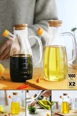 2'li Bambu Kapaklı Yağdanlık 1000 ml Borosilikat Cam Yağlık Sirkelik Şişesi Master Vakumlu Sosluk - 1