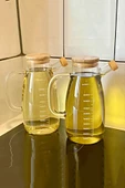 2'li Bambu Kapaklı Yağdanlık 1000 ml Borosilikat Cam Yağlık Sirkelik Şişesi Master Vakumlu Sosluk - 5