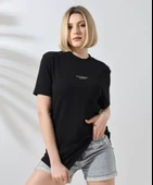 Unisex Bisiklet Yaka Baskılı Slim Fit T-Shirt - Siyah - 1
