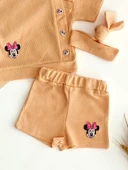 Naffa Baby Petek Kumaş Minnie Kabartma Desen Saç Bantlı Yazlık Takım Somon - 3
