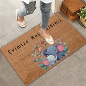 Valerine Life Sevimli Yavru Filler ve Çiçekler Evimize Hoş Geldiniz Kapı Önü Paspası 45x70cm - 1