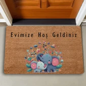 Valerine Life Sevimli Yavru Filler ve Çiçekler Evimize Hoş Geldiniz Kapı Önü Paspası 45x70cm - 2