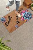 Valerine Life Mandala Mavi Çiçek Evimize Hoş Geldiniz Kapı Önü Paspası 45x70cm - 1
