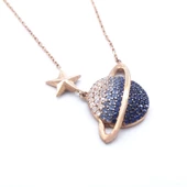 Mavi Zirkon Taşlı Satürn Model Rose Gümüş Kolye GK-316 thumbnail 4