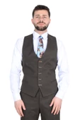 Erkek Kombinli Ekose Desen Yelekli Takım Elbise - 4