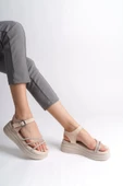 EVA Kalın Tokalı Taşlı Şeritli Ortopedik Taban Kadın Sandalet KT Krem thumbnail 2