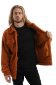 Erkek Oversize Çıt Çıt Kapamalı Cepli Tarçın Peluş Ceket - 3