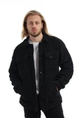 Erkek Oversize Çıt Çıt Kapamalı Cepli Siyah Peluş Ceket - 6