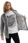 Erkek Oversize Çıt Çıt Kapamalı Cepli Peluş Gri Melanj Ceket - 8
