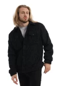 Erkek Oversize Çıt Çıt Kapamalı Cepli Siyah Peluş Ceket - 3