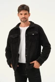 Erkek Oversize Çıt Çıt Kapamalı Cepli Peluş Siyah Ceket - 9