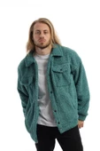 Erkek Oversize Çıt Çıt Kapamalı Cepli Petrol Peluş Ceket - 5
