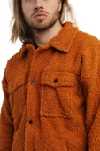 Erkek Oversize Çıt Çıt Kapamalı Cepli Tarçın Peluş Ceket - 9