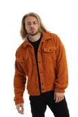 Erkek Oversize Çıt Çıt Kapamalı Cepli Tarçın Peluş Ceket - 3