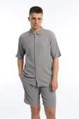 Erkek Crinkle Kumaş Gömlek / Şort Takım Gri - 2