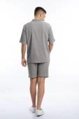 Erkek Crinkle Kumaş Gömlek / Şort Takım Gri - 4