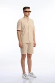 Erkek Crinkle Kumaş Gömlek / Şort Takım Bej - 3