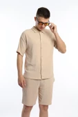 Erkek Crinkle Kumaş Gömlek / Şort Takım Bej - 2