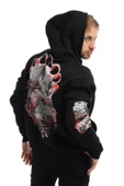 Erkek 3 İplik Pamuklu İçi Polarlı  Oversize Ön Arka Kol Baskılı Kapüşonlu Kanguru Cepli Siyah Sweatshirt - 7