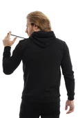Erkek 3 İplik Pamuklu İçi Polarlı Regular Fit Baskılı Kapüşonlu Kanguru Cepli Siyah Sweatshirt - 5