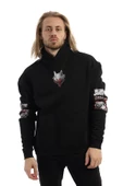 Erkek 3 İplik Pamuklu İçi Polarlı  Oversize Ön Arka Kol Baskılı Kapüşonlu Kanguru Cepli Siyah Sweatshirt - 6