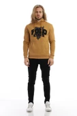 Erkek 3 İplik Pamuklu İçi Polarlı Süzine Nakışlı Regular Fit Kapüşonlu Kanguru Cepli Kahverengi Sweatshirt thumbnail 9