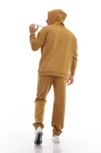 Erkek 3 İplik Pamuklu İçi Polarlı Oversize Kapüşonlu Kanguru Cepli Kahverengi Sweatshirt - 5