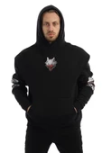Erkek 3 İplik Pamuklu İçi Polarlı  Oversize Ön Arka Kol Baskılı Kapüşonlu Kanguru Cepli Siyah Sweatshirt - 9