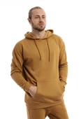 Erkek 3 İplik Pamuklu İçi Polarlı Oversize Kapüşonlu Kanguru Cepli Kahverengi Sweatshirt - 11