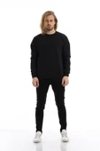 Erkek 3 İplik Pamuklu İçi Polarlı Regular Fit Basic Bisklet Yaka Siyah Sweatshirt thumbnail 4