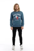 Erkek 3 İplik Pamuklu Baskılı Regular Fit Basic Bisiklet Yaka Mavi Sweatshirt - 4