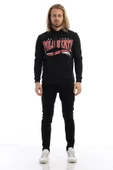 Erkek 3 İplik Pamuklu İçi Polarlı Regular Fit Baskılı Kapüşonlu Kanguru Cepli Siyah Sweatshirt - 9