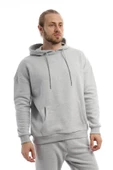 Erkek 3 İplik Pamuklu İçi Polarlı Oversize Kapüşonlu Kanguru Cepli Gri Sweatshirt thumbnail 1