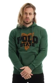 Erkek 3 İplik Pamuklu İçi Polarlı Süzine Nakışlı Regular Fit Kapüşonlu Kanguru Cepli yeşil Sweatshirt - 2