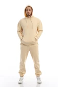 Erkek 3 İplik Pamuklu İçi Polarlı Oversize Kapüşonlu Kanguru Cepli Krem Sweatshirt - 12