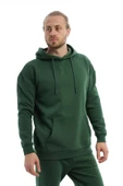 Erkek 3 İplik Pamuklu İçi Polarlı Oversize Kapüşonlu Kanguru Cepli Yeşil Sweatshirt thumbnail 5