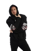 Erkek 3 İplik Pamuklu İçi Polarlı  Oversize Ön Arka Kol Baskılı Kapüşonlu Kanguru Cepli Siyah Sweatshirt - 8