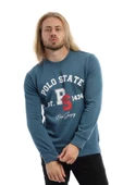 Erkek 3 İplik Pamuklu Baskılı Regular Fit Basic Bisiklet Yaka Mavi Sweatshirt - 8