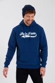 Erkek 3 İplik Pamuklu İçi Polarlı Baskılı Regular Fit Kapüşonlu Kanguru Cepli İndigo Sweatshirt - 11