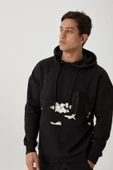 Erkek 3 İplik Pamuklu İçi Polarlı Oversize Göğüs Cepli Kapuşonlu Siyah Sweatshirt - 4