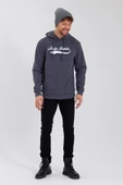 Erkek 3 İplik Pamuklu İçi Polarlı Baskılı Regular Fit Kapüşonlu Kanguru Cepli Antrasit Sweatshirt thumbnail 6