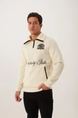 Erkek Relax Fit 3 İplik Rahat Kesim Pamuklu İçi Polarlı Yarım Fermuarlı Dik Yaka Ekru Sweatshirt - 5