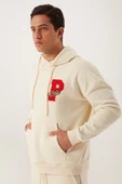 Erkek 3 İplik Pamuklu İçi Polarlı Oversize Nakışlı Kapüşonlu Kanguru Cepli Ekru Sweatshirt - 3