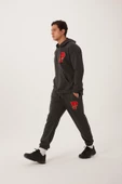 Erkek 3 İplik Pamuklu İçi Polarlı Oversize Nakışlı Kapüşonlu Kanguru Cepli Antrasit Sweatshirt - 7