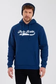 Erkek 3 İplik Pamuklu İçi Polarlı Baskılı Regular Fit Kapüşonlu Kanguru Cepli İndigo Sweatshirt - 5