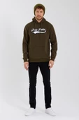 Erkek 3 İplik Pamuklu İçi Polarlı Baskılı Regular Fit Kapüşonlu Kanguru Cepli Haki Sweatshirt thumbnail 6