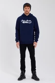 Erkek 3 İplik Pamuklu İçi Polarlı Baskılı Regular Fit Kapüşonlu Kanguru Cepli Lacivert Sweatshirt - 10