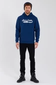 Erkek 3 İplik Pamuklu İçi Polarlı Baskılı Regular Fit Kapüşonlu Kanguru Cepli İndigo Sweatshirt - 10